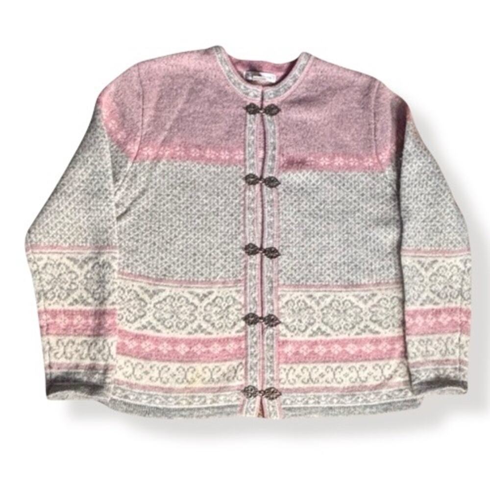 Vintage Susan Bristol Wool Pink Gray Fair Isle‎ Cardigan Small Nordic Knit Cozy